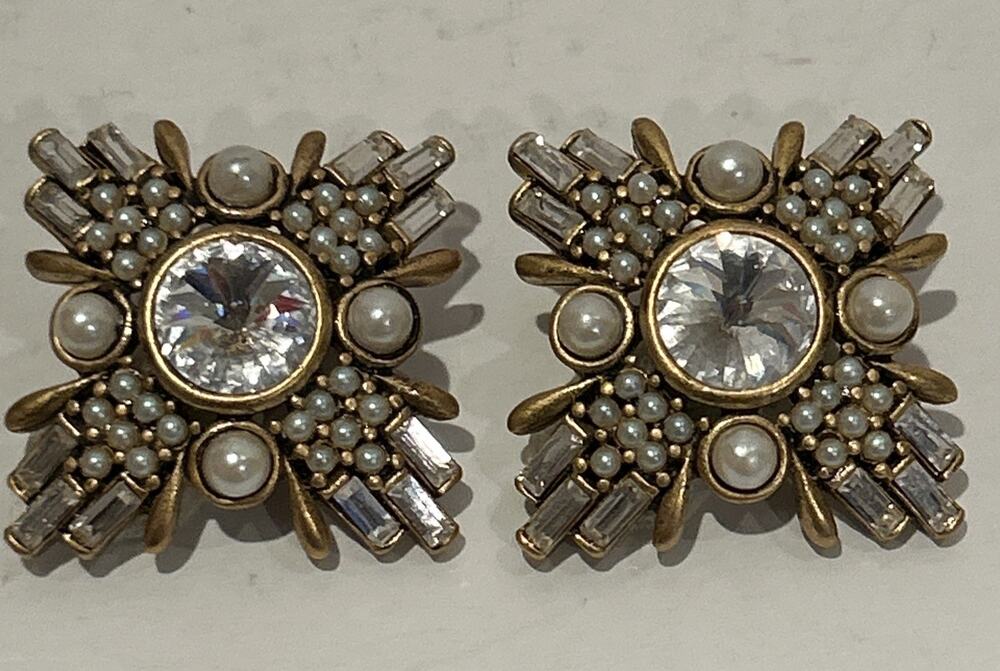 Vintage Bijoux New York Designs Earrings Rhinestone Faux Pearl Clip EUC